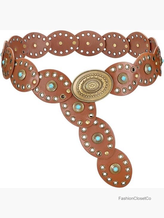 Accessories - Western Disc PU Leather Belt with Turquoise Accents for Dress Concert